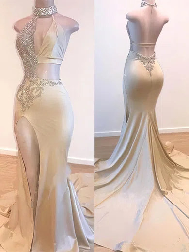 Mermaid High Neck Satin Cut Out Prom Dresses With Beading #Milly020108573