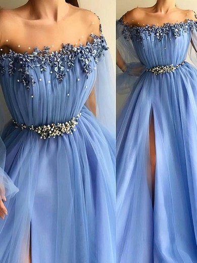 Ball Gown Illusion Tulle Sweep Train Beading Prom Dresses #Milly020108574