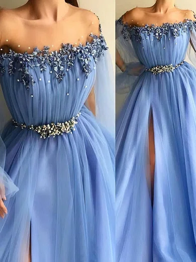 Ball Gown Illusion Long Sleeves Tulle Prom Dresses With Beading #Milly020108574