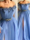 A-line Off-the-shoulder Tulle Sweep Train Beading Prom Dresses #Milly020108574