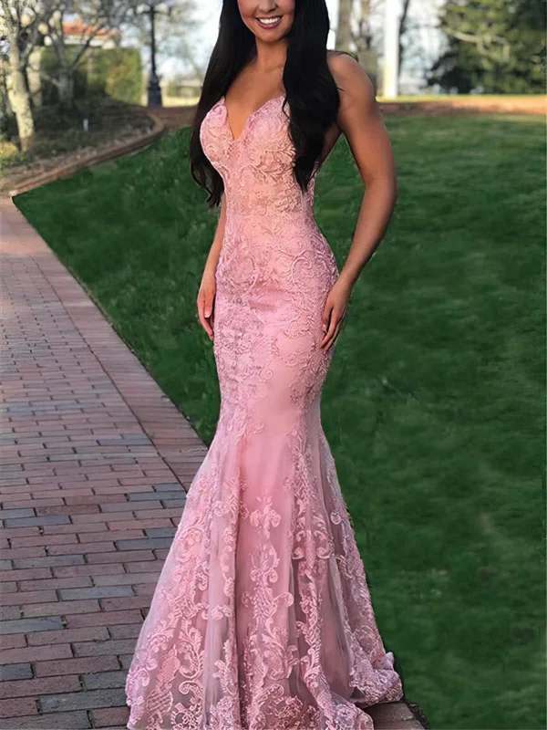 Trumpet/Mermaid V-neck Lace Sweep Train Prom Dresses #Milly020108580