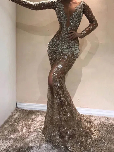 Mermaid V-neck Lace Backless Beaded Prom Dresses With Appliques #Milly020108581