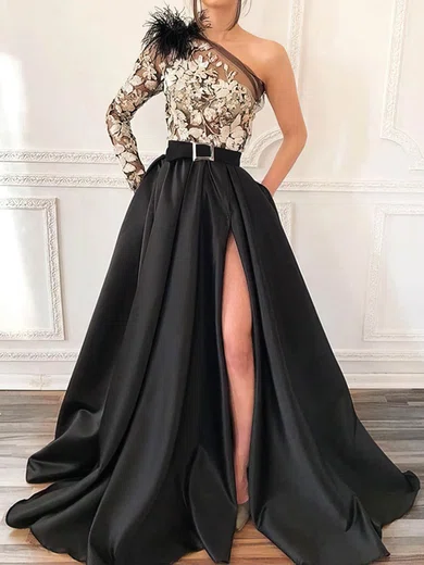 Ball Gown One Shoulder Tulle Satin Prom Dresses With Appliques #Milly020108592