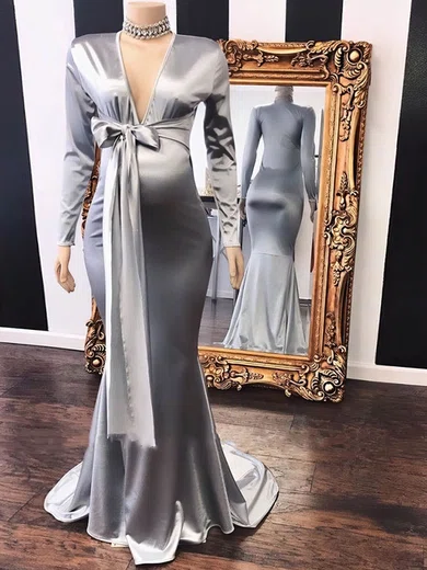 Trumpet/Mermaid V-neck Satin Sweep Train Bow Formal Dresses PT020108601