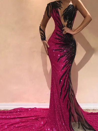 Mermaid One Shoulder Sparkly Sequin Tulle Prom Dresses With Beading #Milly020108604