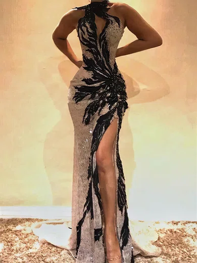 Mermaid High Neck Sparkly Sequin Prom Dresses With Appliques #Milly020108606