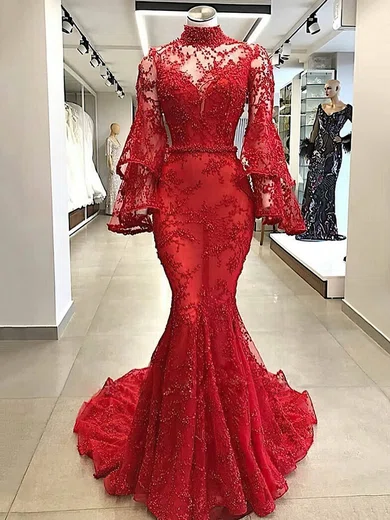 Mermaid High Neck Tulle Beaded Prom Dresses With Long Sleeves #Milly020108611