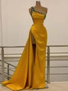 Sheath/Column One Shoulder Silk-like Satin Sweep Train Beading Prom Dresses #Milly020108615