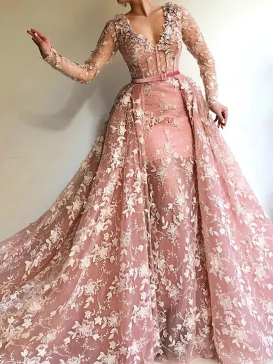 Ball Gown V-neck Long Sleeves Lace Prom Dresses With Appliques #Milly020108616