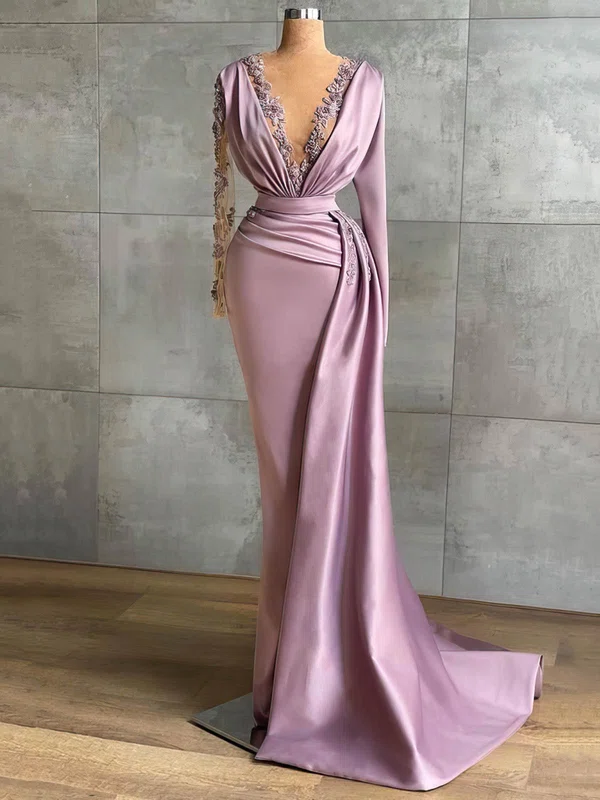 Trumpet/Mermaid V-neck Silk-like Satin Sweep Train Appliques Lace Prom Dresses #Milly020108618