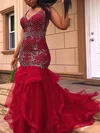 Trumpet/Mermaid V-neck Tulle Sweep Train Appliques Lace Prom Dresses #Milly020108620
