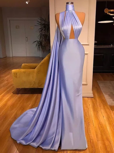 Sheath/Column High Neck Satin Cut Out Prom Dresses With Ruched #Milly020108621