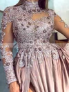 A-line High Neck Silk-like Satin Sweep Train Appliques Lace Prom Dresses #Milly020108623