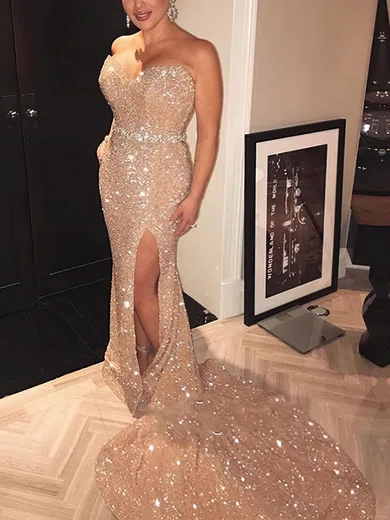 A-line Strapless Sequined Sweep Train Sashes / Ribbons Prom Dresses #Milly020108636