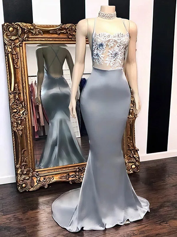 Trumpet/Mermaid High Neck Satin Sweep Train Beading Prom Dresses #Milly020108638