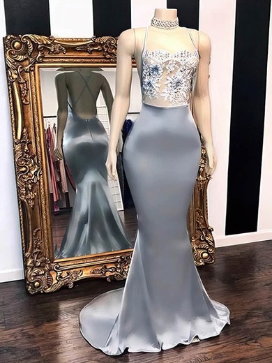 Trumpet/Mermaid High Neck Satin Sweep Train Prom Dresses With Beading S020108638