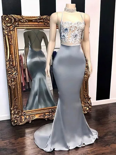Mermaid High Neck Satin Prom Dresses With Appliques #Milly020108638