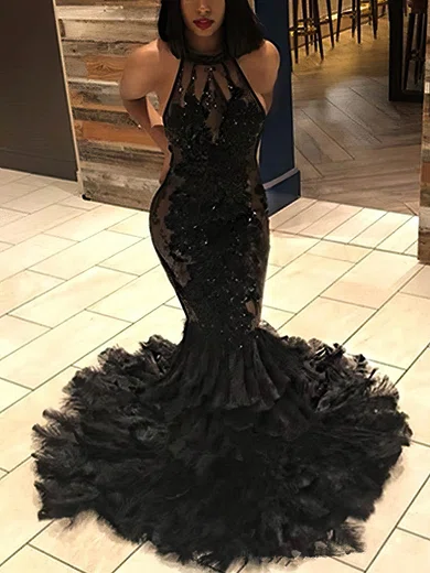 Trumpet/Mermaid Sweep Train Halter Tulle Lace Appliques Lace Prom Dresses #Milly020108639