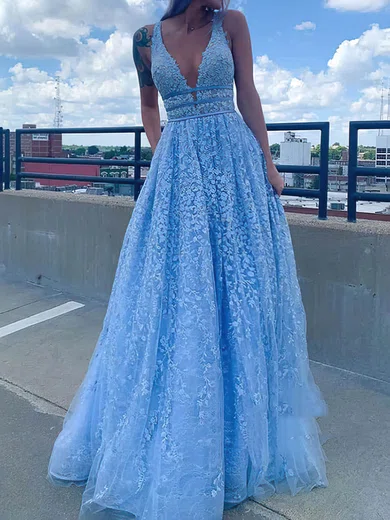 A-line V-neck Satin Lace Sweep Train Beading Prom Dresses #Milly020108645