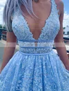 A-line V-neck Satin Lace Sweep Train Beading Prom Dresses #Milly020108645