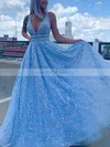 A-line V-neck Satin Lace Sweep Train Beading Prom Dresses #Milly020108645