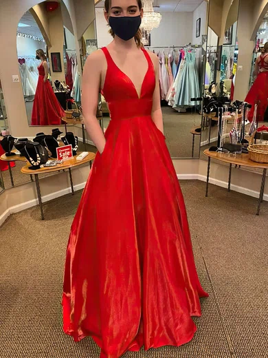 A-line V-neck Satin Asymmetrical Pockets Prom Dresses #Milly020108648