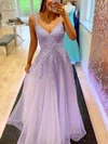 A-line V-neck Tulle Lace Sweep Train Pockets Prom Dresses #Milly020108652