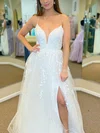 A-line V-neck Lace Chiffon Tulle Sweep Train Appliques Lace Prom Dresses #Milly020108655