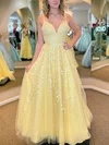 A-line V-neck Lace Tulle Sweep Train Appliques Lace Prom Dresses #Milly020108660