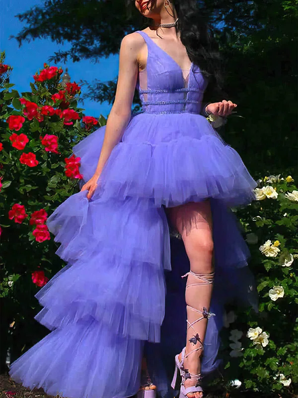 A-line V-neck Tulle Asymmetrical Tiered Prom Dresses #Milly020108663