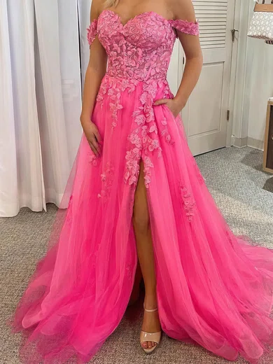 A-line Off-the-shoulder Tulle Lace Sweep Train Split Front Prom Dresses #Milly020108666