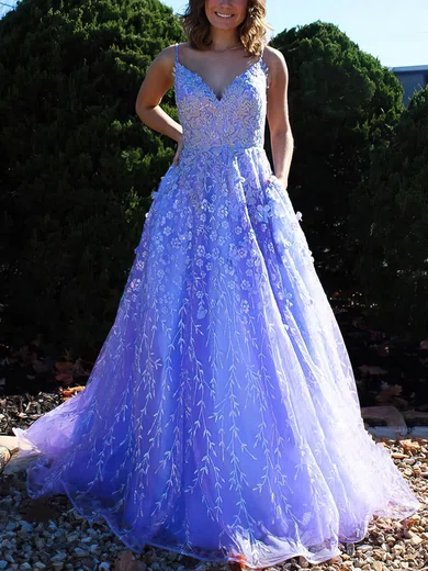 A-line V-neck Lace Sweep Train Pockets Prom Dresses #Milly020108669