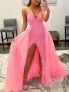 Ball Gown/Princess Floor-length V-neck Tulle Sequined Split Front Prom Dresses #Milly020108672