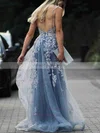 Sheath/Column V-neck Lace Tulle Sweep Train Appliques Lace Prom Dresses #Milly020108673