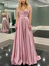 A-line V-neck Silk-like Satin Sweep Train Ruffles Prom Dresses #Milly020108683