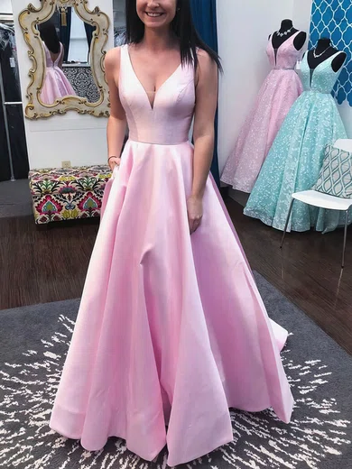 A-line V-neck Satin Sweep Train Pockets Prom Dresses #Milly020108685