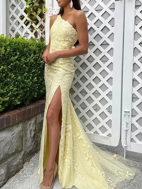 Sheath/Column One Shoulder Tulle Lace Sweep Train Appliques Lace Prom Dresses #Milly020108687