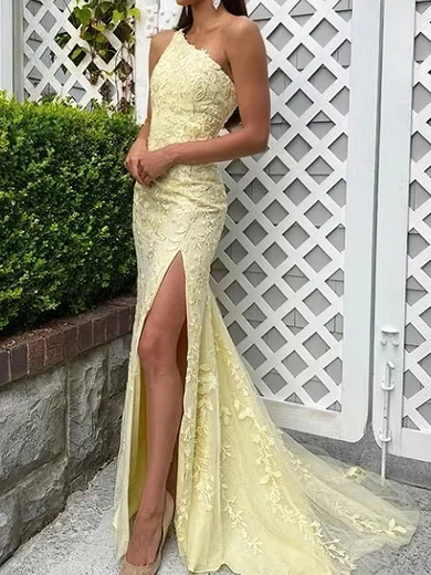 Mermaid One Shoulder Lace Tulle Prom Dresses With Appliques #Milly020108687