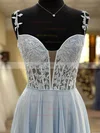 A-line V-neck Tulle Sweep Train Appliques Lace Prom Dresses #Milly020108688