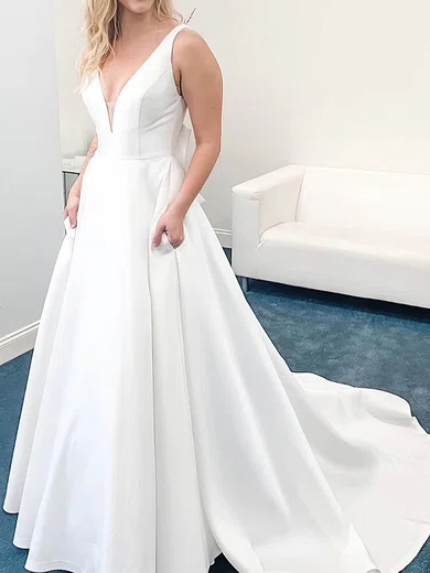 A-line V-neck Satin Sweep Train Bow Prom Dresses #Milly020108698