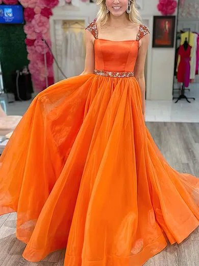 A-line Square Neckline Satin Organza Sweep Train Sashes / Ribbons Prom Dresses #Milly020108700