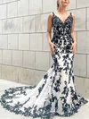 Trumpet/Mermaid V-neck Lace Tulle Sweep Train Appliques Lace Prom Dresses #Milly020108701