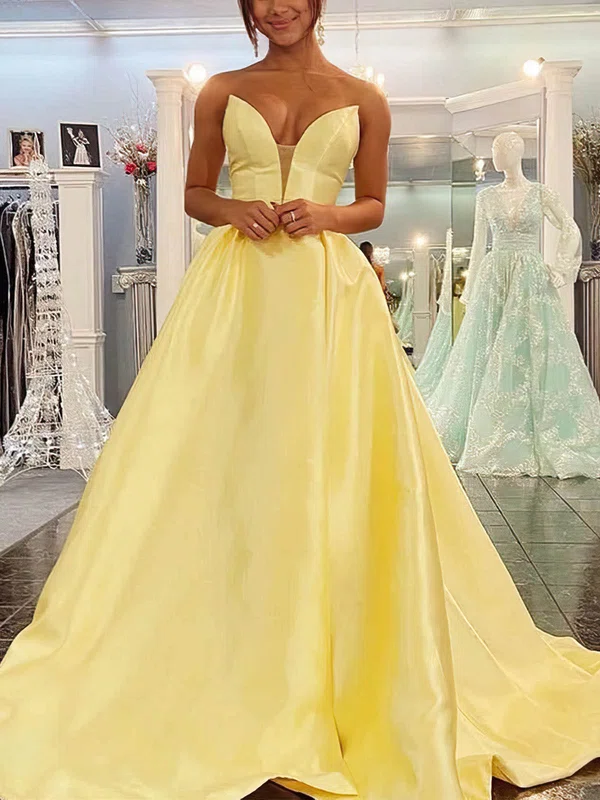 A-line Strapless Satin Sweep Train Prom Dresses #Milly020108703
