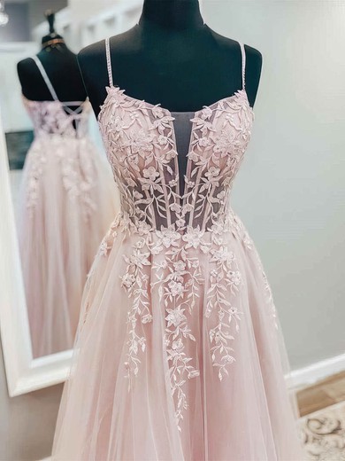 A-line Square Neckline Tulle Lace Sweep Train Appliques Lace Prom Dresses #Milly020108704