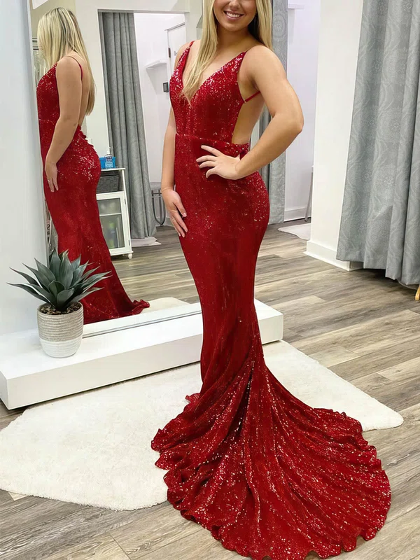 Trumpet/Mermaid V-neck Sequined Sweep Train Prom Dresses #Milly020108706