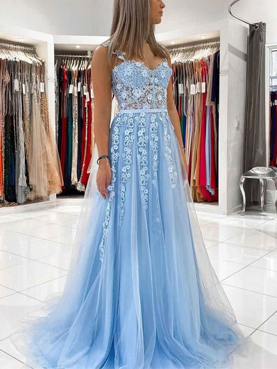 Ball Gown/Princess Sweep Train Sweetheart Lace Tulle Appliques Lace Prom Dresses #Milly020108711