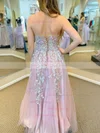 A-line V-neck Lace Tulle Sweep Train Appliques Lace Prom Dresses #Milly020108718