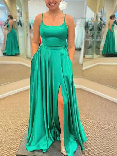 A-line Square Neck Satin Prom Dresses With Split #Milly020108719