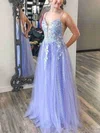 A-line V-neck Tulle Sweep Train Appliques Lace Prom Dresses #Milly020108723