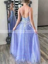 A-line V-neck Tulle Sweep Train Appliques Lace Prom Dresses #Milly020108723